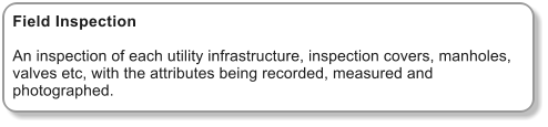 Field Inspection  An inspection of each utility infrastructure, inspection covers, manholes, valves etc, with the attributes being recorded, measured and photographed.